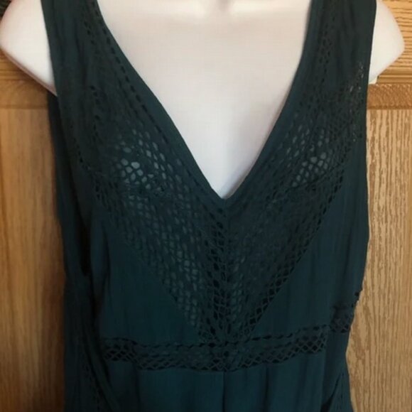 Anthropologie Elevenses Emerald Linen-Look Crochet Boho Wide Leg Pantsuit - Picture 3 of 16